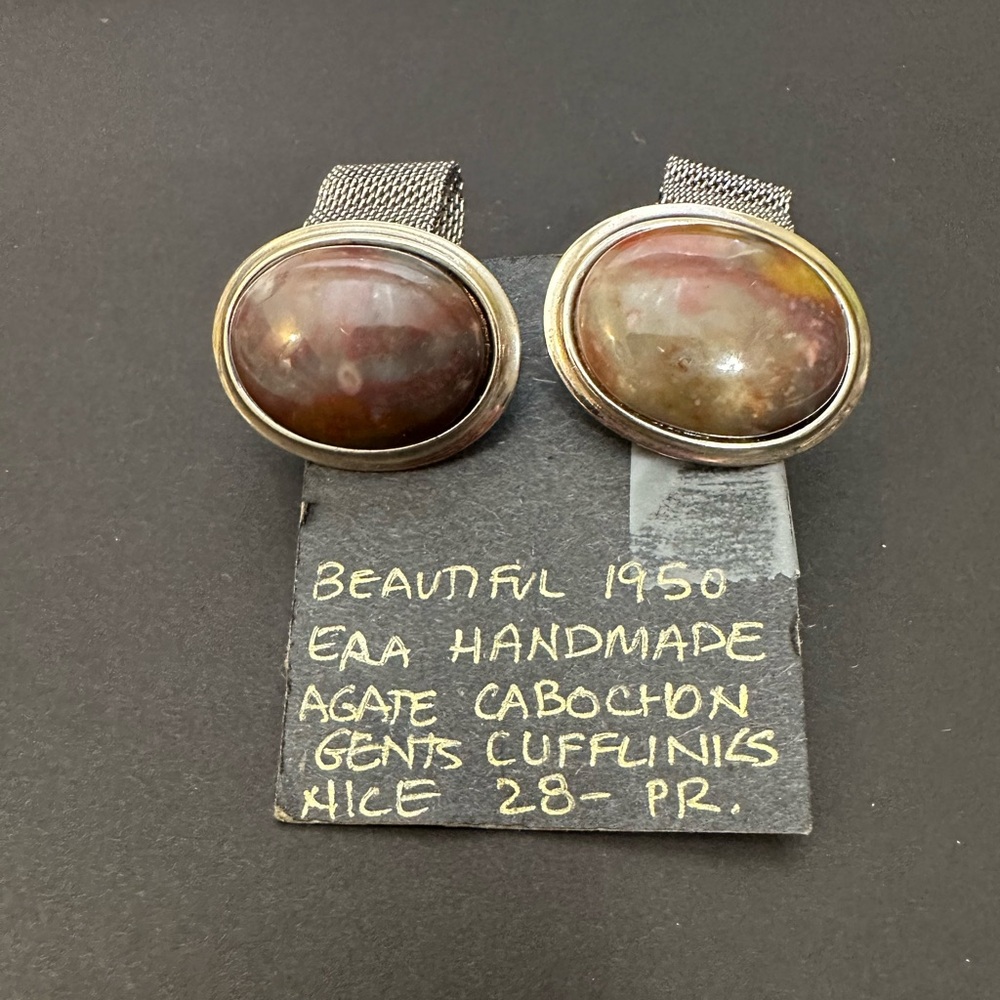 Vintage 1950s Handmade Agate Cuff Links Set Pair Silver Mesh Brown Stone Classic